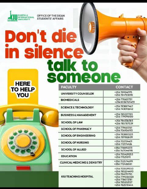 At <a href="/kiuvarsity/">Kampala International University</a>, you’re never alone. Whatever you’re going through, there’s always someone ready to listen and help.  Don’t die in silence  talk to someone today.Reach out to your faculty counselor or the university helpline for support.