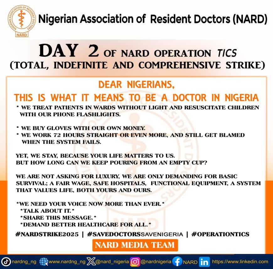 TICS: DAY 2

This is what it means to be a Doctor in Nigeria

<a href="/nard_nigeria/">NARD</a> <a href="/nationalnma/">Nigerian Medical Association</a> <a href="/NGRPresident/">Presidency Nigeria</a> <a href="/NGRSenate/">The Nigerian Senate</a> <a href="/Fmohnigeria/">Federal Ministry of Health, NIGERIA</a> <a href="/channelstv/">Channels Television</a> <a href="/ARISEtv/">ARISE NEWS</a> <a href="/seunokin/">SeunOkin Channels tv</a> <a href="/LeadershipNGA/">LEADERSHIP NEWS</a> <a href="/daily_trust/">Daily Trust</a> <a href="/MobilePunch/">Punch Newspapers</a> <a href="/GuardianNigeria/">The Guardian Nigeria</a>