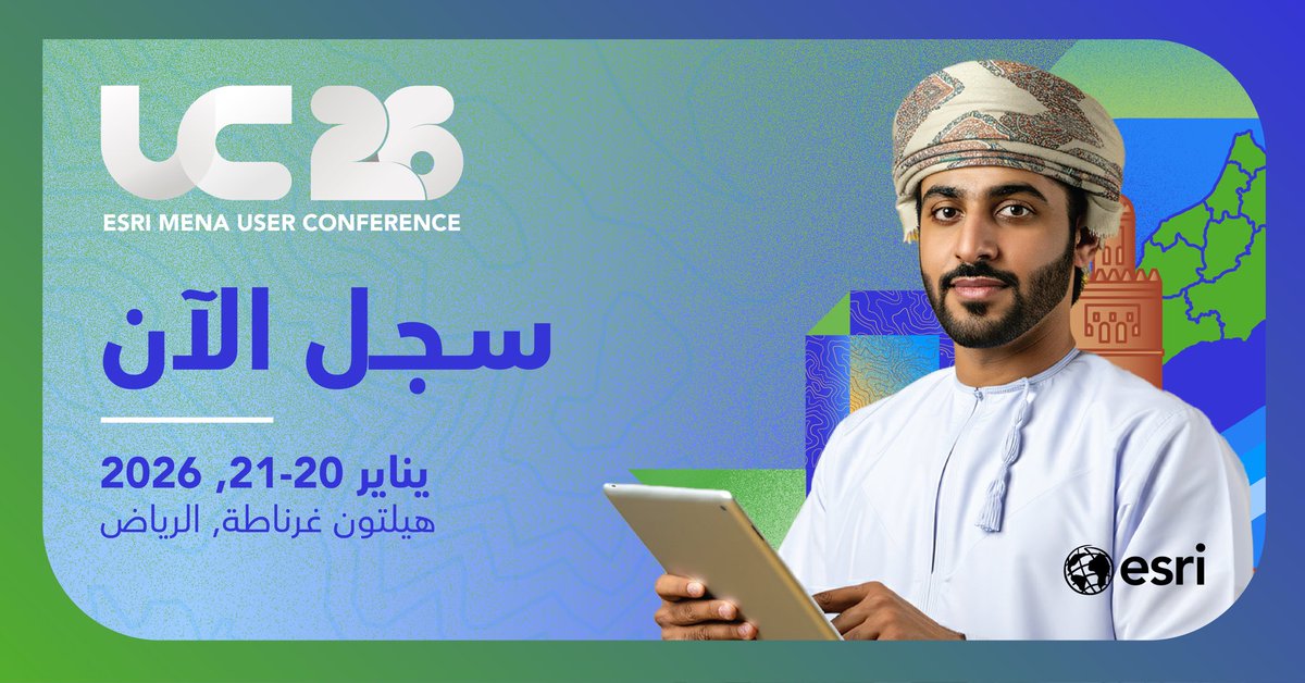 EsriSaudi's tweet photo. انضموا لمؤتمر Esri MENA UC 2026 لاستكشاف أحدث المنتجات والحلول وتطوير مهاراتك في ArcGIS.

سارعوا بالتسجيل اليوم:
https://t.co/raDUO9E8QK

#Esri #EsriSaudiArabia #GIS #EsriMENAUC2026 #ArcGIS https://t.co/pr88ls7IL9