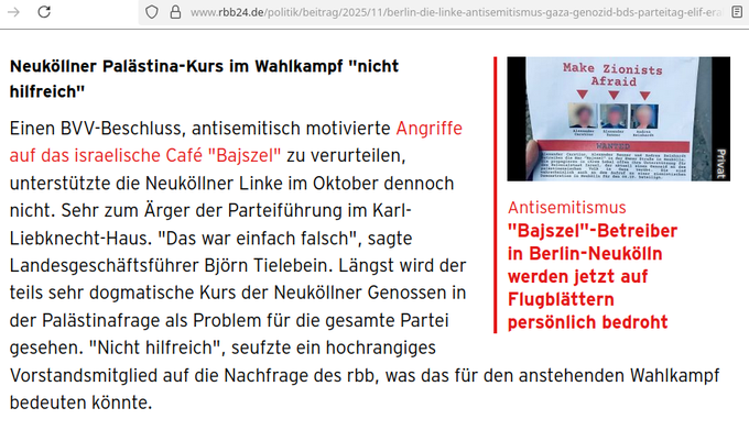 Das "Bajszel" ist definitiv kein "israelisches Café", mitunter wird man dort sogar weniger Israelis finden als im Berliner Durchschnitt, nämlich dann wenn die dezidiert süddeutschen Betreiber wieder jemanden rausgeworfen haben der nicht 100% auf Linie ist.
rbb24.de/politik/beitra…