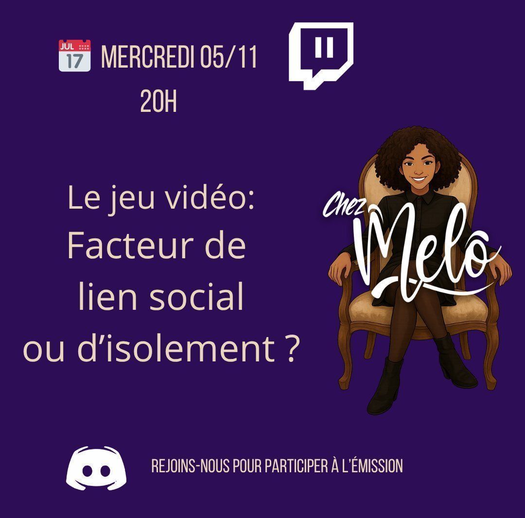 Ce mercredi 5 novembre dès 20h, n'hésitez pas à faire un tour Chez Melo pour une première émission qui promet du lourd ! 🔥 

📺 : twitch.tv/chezmelo

Pour participer à l'émission, n'hésitez pas à rejoindre son discord : discord.gg/VJmPqKcV