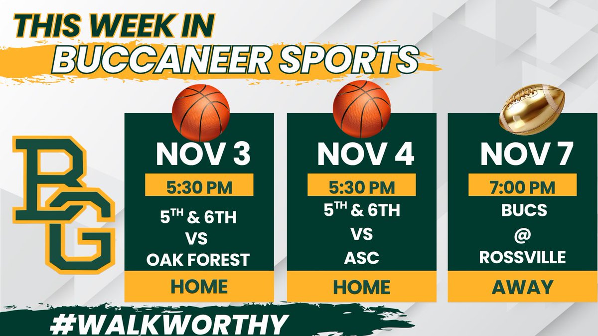 PeeWee Basketball starts this week, but football is still going strong. The Bucs will travel to Rossville Christian Academy on Friday for the Quarter-Finals of the MAIS Class 3A Divison II Football Playoffs. 
 #BowlingGreenSchool #BucStrong #GeauxBucs #BucNation #WalkWorthy #BGS