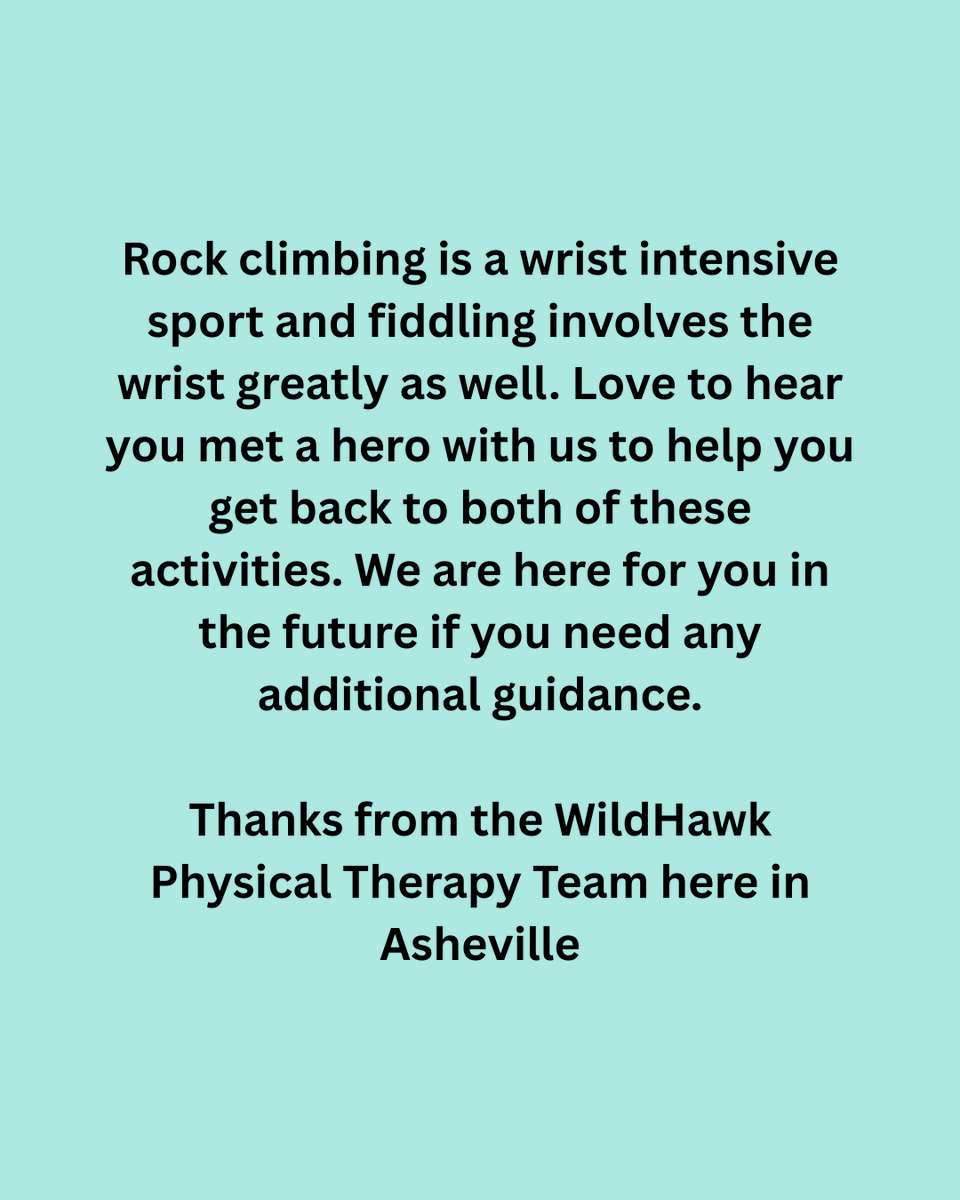 WildHawkPT's tweet photo. Wrist pain doesn’t have to hold you back!

Thanks Cade for sharing this awesome review — we’re so glad Dr. Yi could help you get back to both climbing and fiddling pain-free!

#AshevilleNC #PhysicalTherapyAsheville #ClimberRecovery #MusicianHealth #HandAndWristPain #WildHawkWay https://t.co/N44iTYG0LO