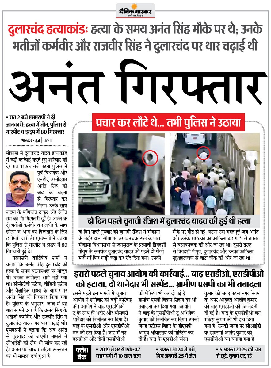 DainikBhaskar's tweet image. दुलारचंद हत्याकांड: पुलिस ने अनंत सिंह को किया गिरफ्तार... हत्या के समय मौके पर मौजूद थे, भतीजे कर्मवीर और राजवीर सिंह ने दुलारचंद पर चढ़ाई थी थार
#DularchandYadav #AnantSingh #Patna #Bihar

अधिक खबरें और ई-पेपर पढ़ने के लिए दैनिक भास्कर एप इंस्टॉल करें - dainik-b.in/mjwzCSxDdsb
