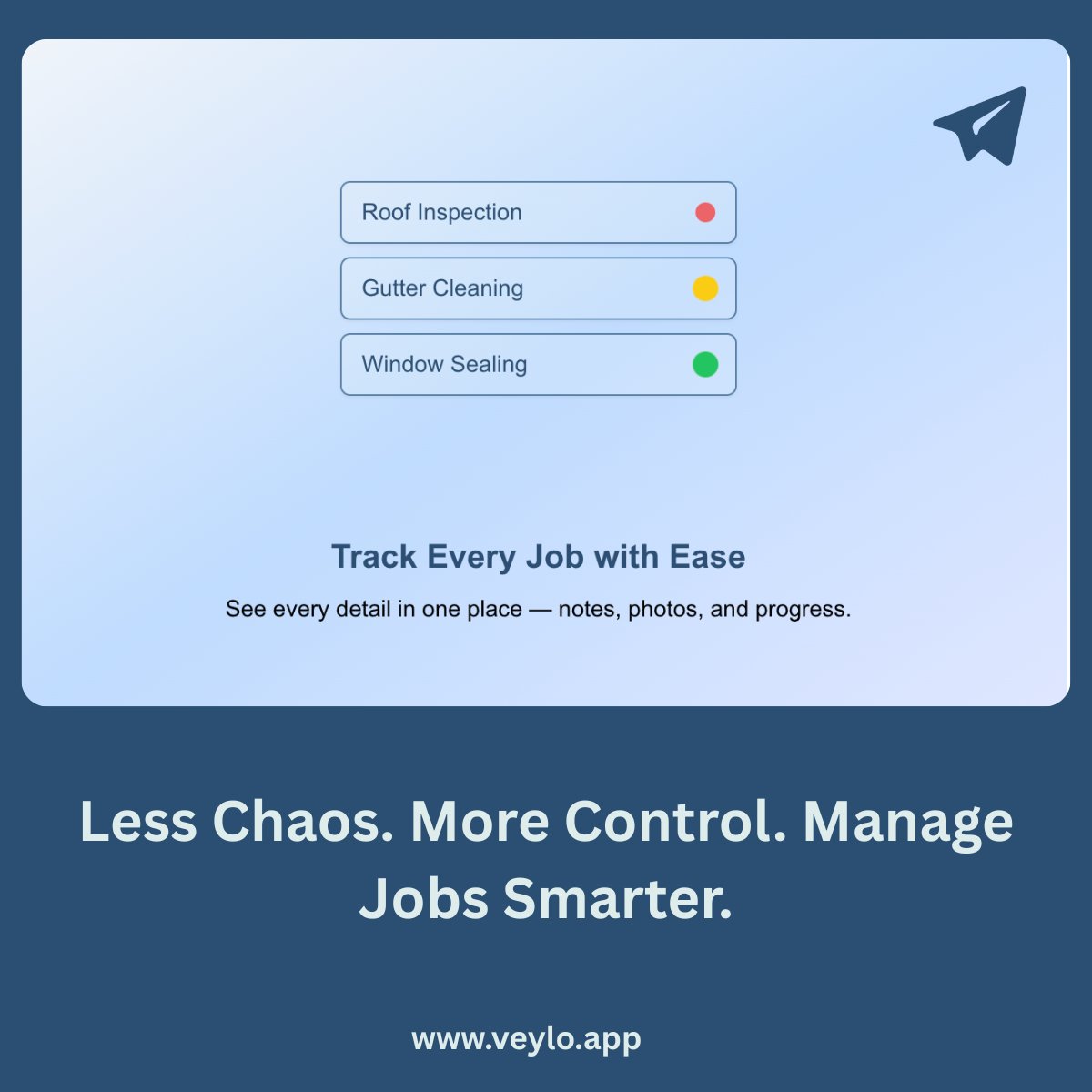 VeyloApp's tweet photo. Tired of chasing job details across emails, texts, and photos? 😩

Now you can manage everything in one place — images, notes, checklists, team assignments, hours, and job status.

Stay organized. Stay ahead. ✅ https://t.co/Rde1Rqc6q8