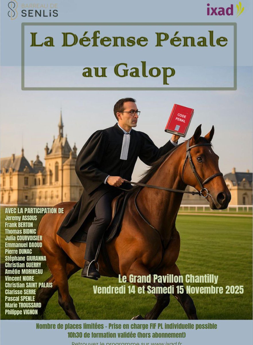 Belle rencontre en perspective avec, entre autres brillants confrères, pas moins d'un ancien président de l'ADAP (<a href="/ChStPalais/">Ch. SAINT-PALAIS</a>) et deux membres de notre comité directeur (Clarisse Serre et <a href="/BidnicThomas/">Bidnic Thomas</a>). 

Tous d'excellents cavaliers du droit.
