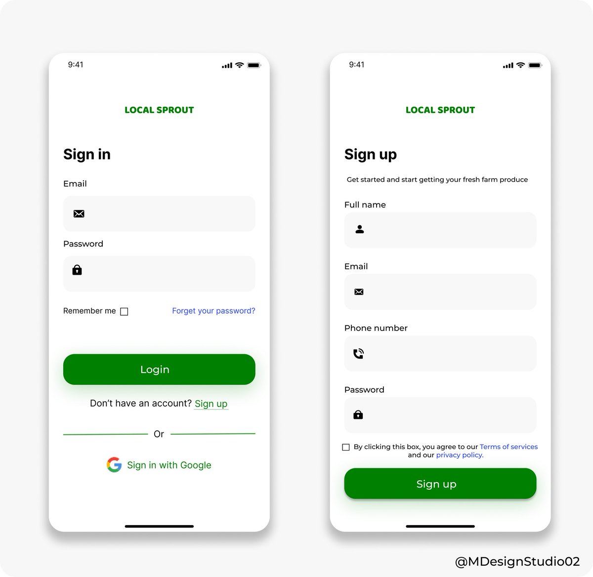 MDesignStudio02's tweet image. The sign up/ sign up page from recent project - LOCAL SPROUT 🌱 

The sign in/sign up process is quite simple as the user creates an account with easily accessible data like phone numbers, email, and so on.