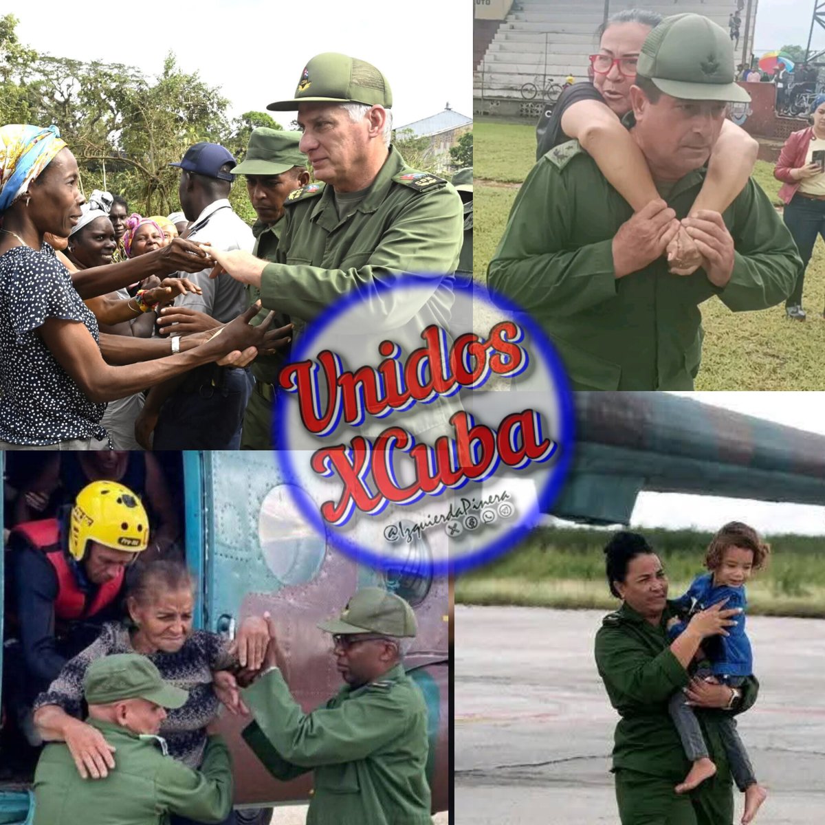 Es el Primer Secretario y Presidente <a href="/DiazCanelB/">Miguel Díaz-Canel Bermúdez</a>, los de Holguín y Granma, el general de las FAR... Es el pueblo de #Cuba, rescatando, reparando, donando... Somos todos: ¡#UnidosXCuba!