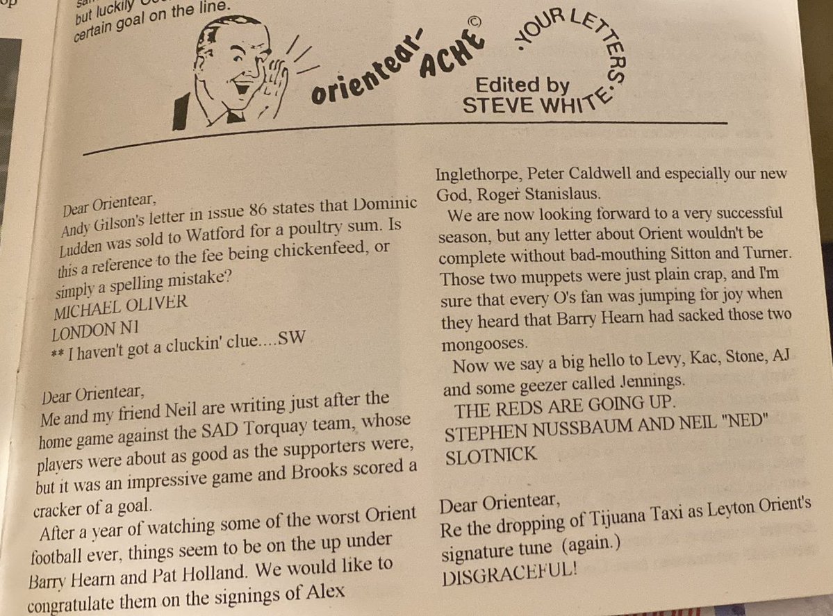 (O) The Leyton Orientear (@leytonorientear) on Twitter photo From the archive: it’s 1995, and social media is barely a twinkle in a Californian’s eye. In those days you used to have to write to fanzines to get heard.
Here’s a teenage <a href="/stevienuss/">Stephen Nussbaum</a> honing the irrepressible optimism now showcased every week on <a href="/OrientOutlook/">Orient Outlook Podcast</a> #LOFC From the archive: it’s 1995, and social media is barely a twinkle in a Californian’s eye. In those days you used to have to write to fanzines to get heard.
Here’s a teenage <a href="/stevienuss/">Stephen Nussbaum</a> honing the irrepressible optimism now showcased every week on <a href="/OrientOutlook/">Orient Outlook Podcast</a> #LOFC