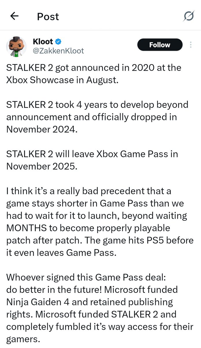 oliver_drk's tweet photo. Long story short: You treated Game Pass like a traditional backlog and now you're upset Stalker 2 is leaving the subscription service before you could finish the game. https://t.co/mJ3xwwuq1J