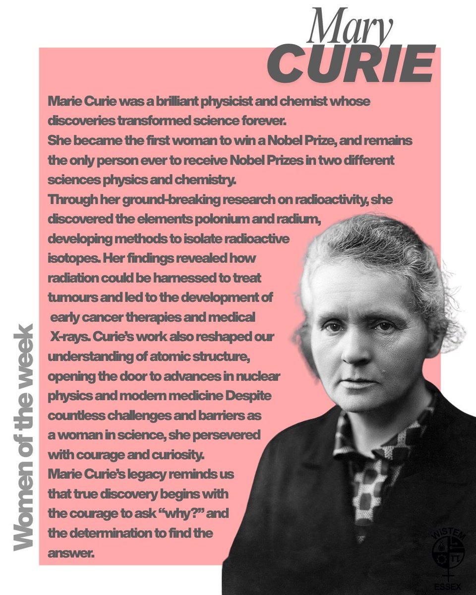 Women of the Week: Marie Curie 
Marie Curie was a brilliant physicist and chemist whose discoveries transformed science forever.
She became the first woman to win a Nobel Prize, and remains the only person ever to earn Nobel Prizes in two different sciences physics and chemistry