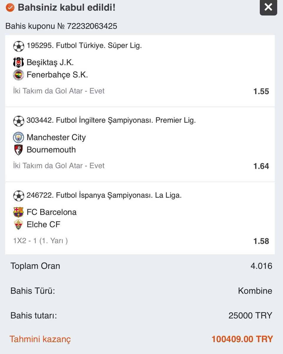 🔥GÜNÜN KUPONU 

⚽️ Beşiktaş J.K  - Fenerbahçe S.K | KG VAR 

⚽️ Manchester City - Bournemouth | KG VAR

⚽️ FC Barcelona - Elche CF | İLK YARI 1 

🍀Bol Şans