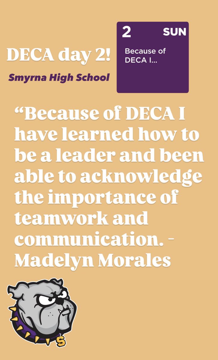 SHSDECA7's tweet image. Day 2 of #DECAMonth! 💥
Because of DECA, students gain confidence, leadership skills, and lifelong friendships.
Smyrna DECA is leveling up every day! 🐾💜💛
#OnlyOneSHS #DECA #BecauseOfDECA #SmyrnaBulldogs @SmyrnaBulldog