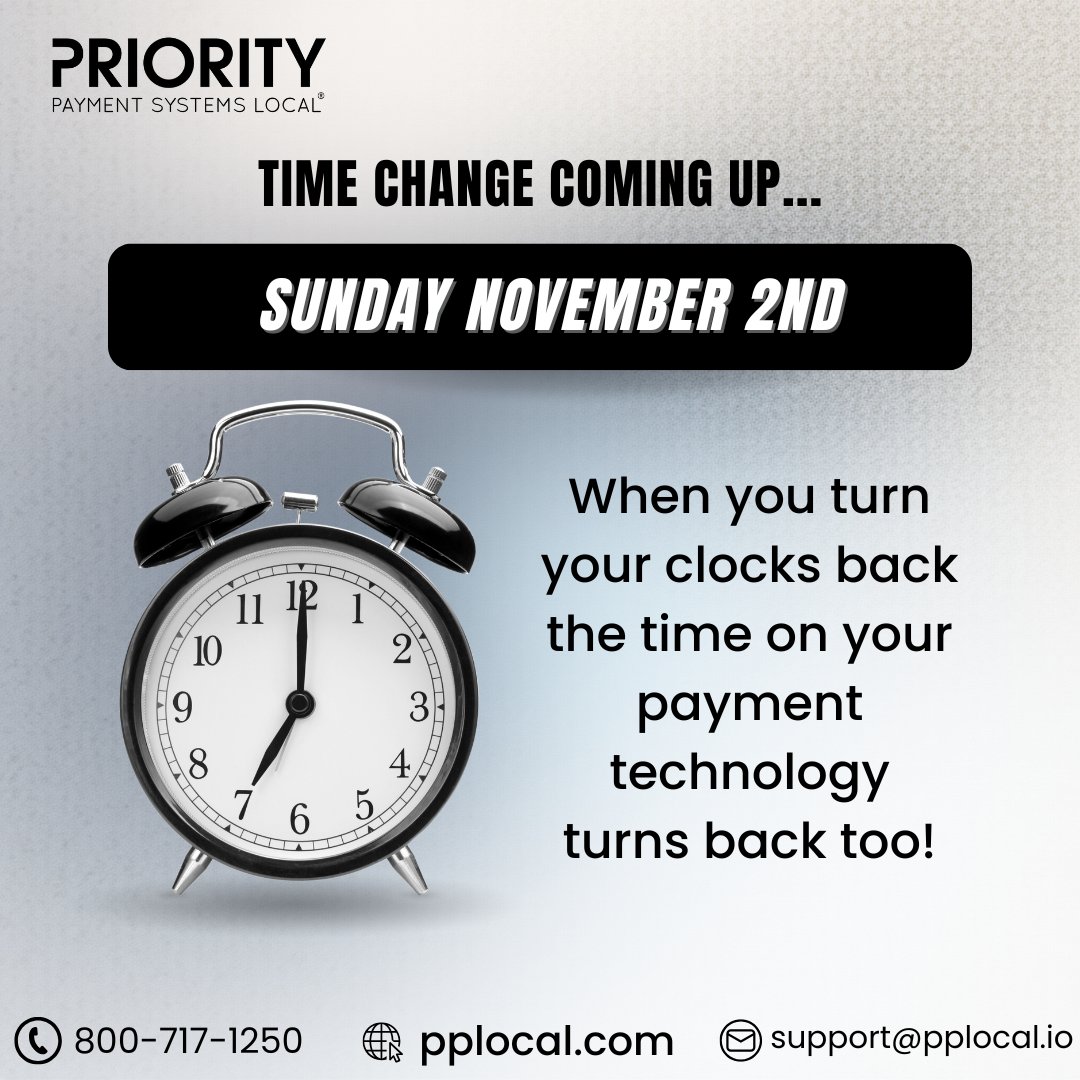 PPSLocal's tweet image. ⏰ Time to “fall back”!
 
Daylight Saving Time ends this Sunday, November 2nd — and your payment devices will adjust automatically.

Questions? Reach out anytime at support@pplocal.io 💬

#FallBack #TimeChange #DaylightSaving #HereToHelp #PriorityPaymentsLocal #PPL