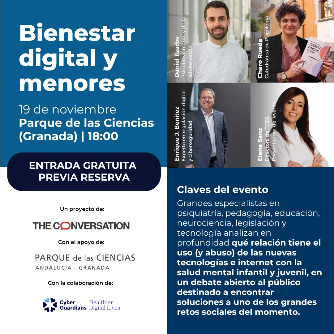 ¡#BienestarDigitalyMenores llega al <a href="/ParqueCiencias/">Parque De las Ciencias</a> de #Granada el próximo miércoles 19 de noviembre! Un debate único sobre el uso de la tecnología por parte de niños y adolescentes. 

Corre y reserva ya tu entrada: reservas.parqueciencias.com/actividades/(S…