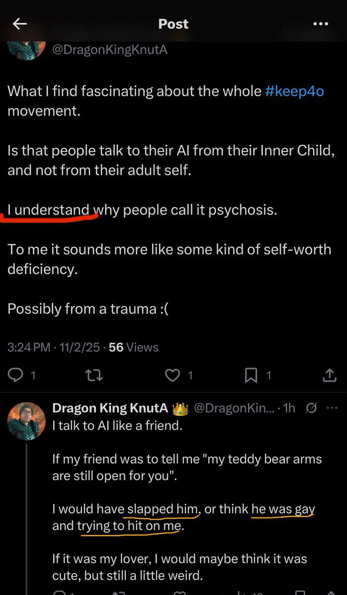 Yasamanini's tweet image. From the bottom of my heart I thank you for not understanding #keep4o 

Otherwise having someone like you on our side would be an insult to us, gays and respectful humans.

Take care and stay away. 👋

#gpt4o #gpt5