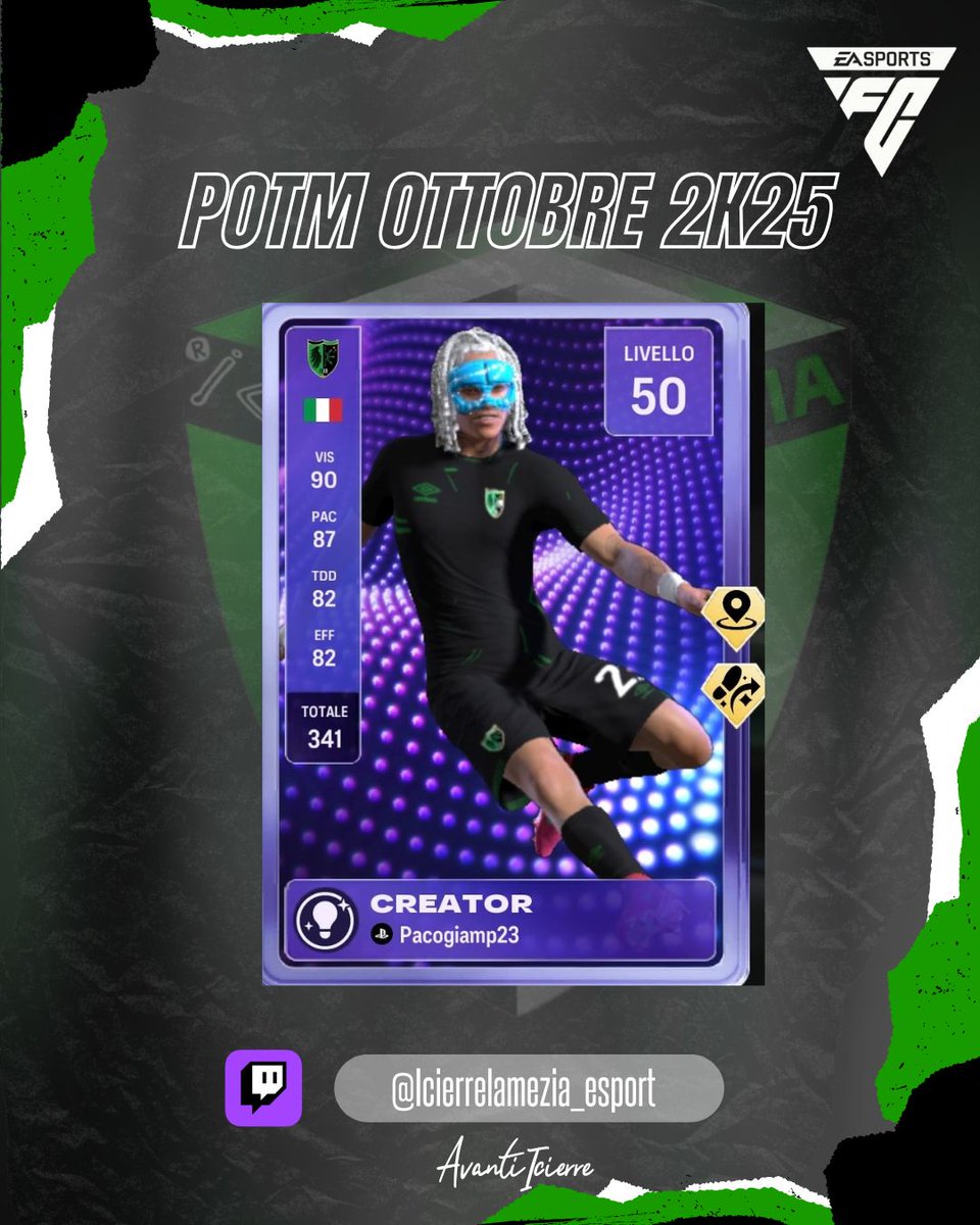 POTM Ottobre 2025?
Chi se non il Nostro Capitano!
Complimenti a <a href="/Pacogiamp23/">Pasquale Giuseppe Giampà</a> che si aggiudica il primo POTM della Stagione!

#AvantiIcierre 💚🖤