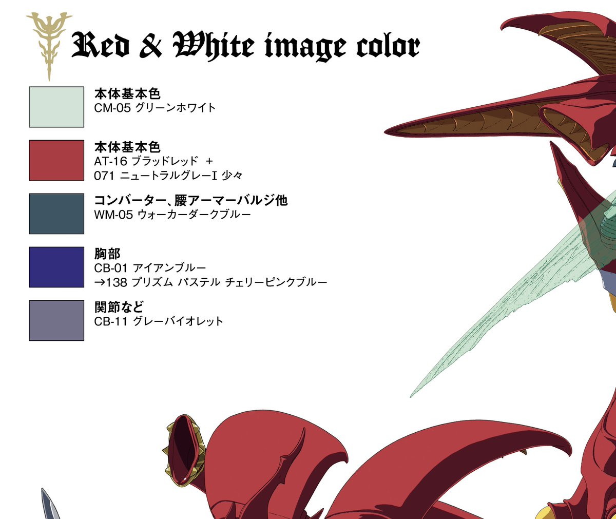 🔴#PLAMAX ヴェルビン取説内カラーガイドについて⚪️

『Red &amp; White image color』の色指定、赤部分に誤記があり混乱させておりますことお詫びいたします。
休み明けの11/4以降正式にサイトの方へ掲載しますが、塗装をする方は取り急ぎ添付を参照してください、鞘も同色です。申し訳ありません。