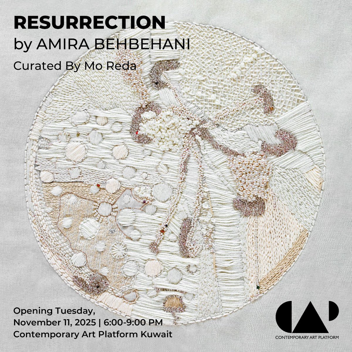 capkuwait's tweet image. We are pleased to announce “Resurrection”, a solo exhibition by Amira Behbehani, curated by Mo Reda.

Through layered textures and symbolic forms, the exhibition explores rebirth, transformation, and inner healing.

🗓️ Nov 11, 2025
🕕 6–9 PM
📍 Contemporary Art Platform Kuwait