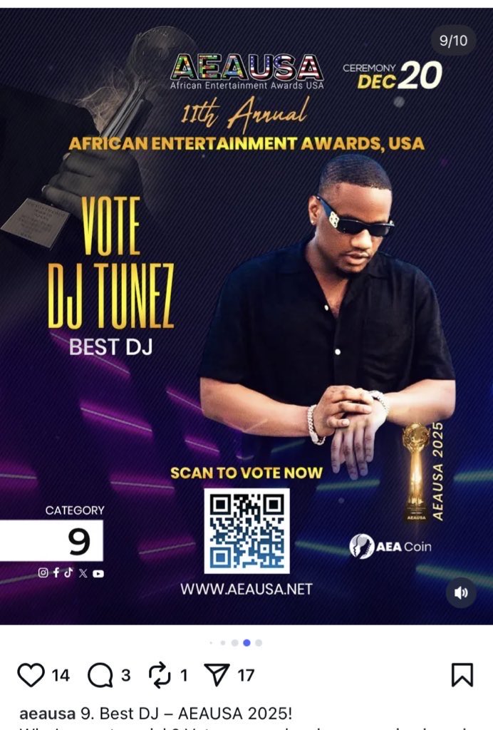 Mayo6Tee's tweet photo. NEWS 📀🎉  

@wizkidayo  Has been Nominated in 5 Categories at the 2025 AEAUSA Awards.

Album of the Year - Morayo 
Best Male Artist - Wizkid
Best Music Video - MMS
Best Music Video - Dynamite 
Artist Of The Year - Wizkid
Best DJ -  @DJ_TUNEZ 
Entertainment Manager of the year- @jada3_p 
Entertainment Manager of the year- @sundayaree 

VOTE via    https://t.co/clvfaTkbyC
