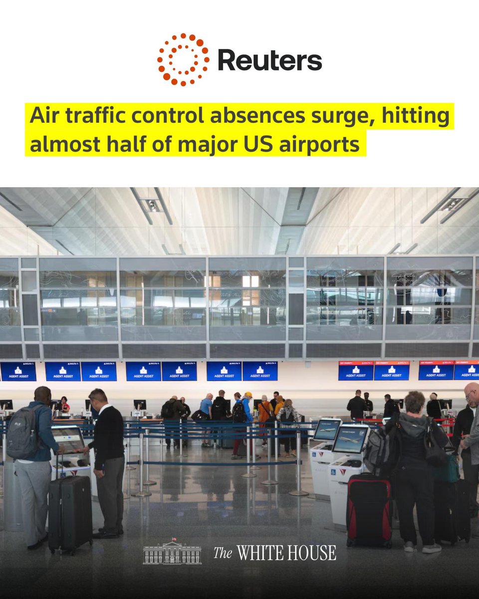 WhiteHouse's tweet image. DEMOCRAT SHUTDOWN 📰 @Reuters: “Air traffic control absences surge, hitting almost half of major US airports”
