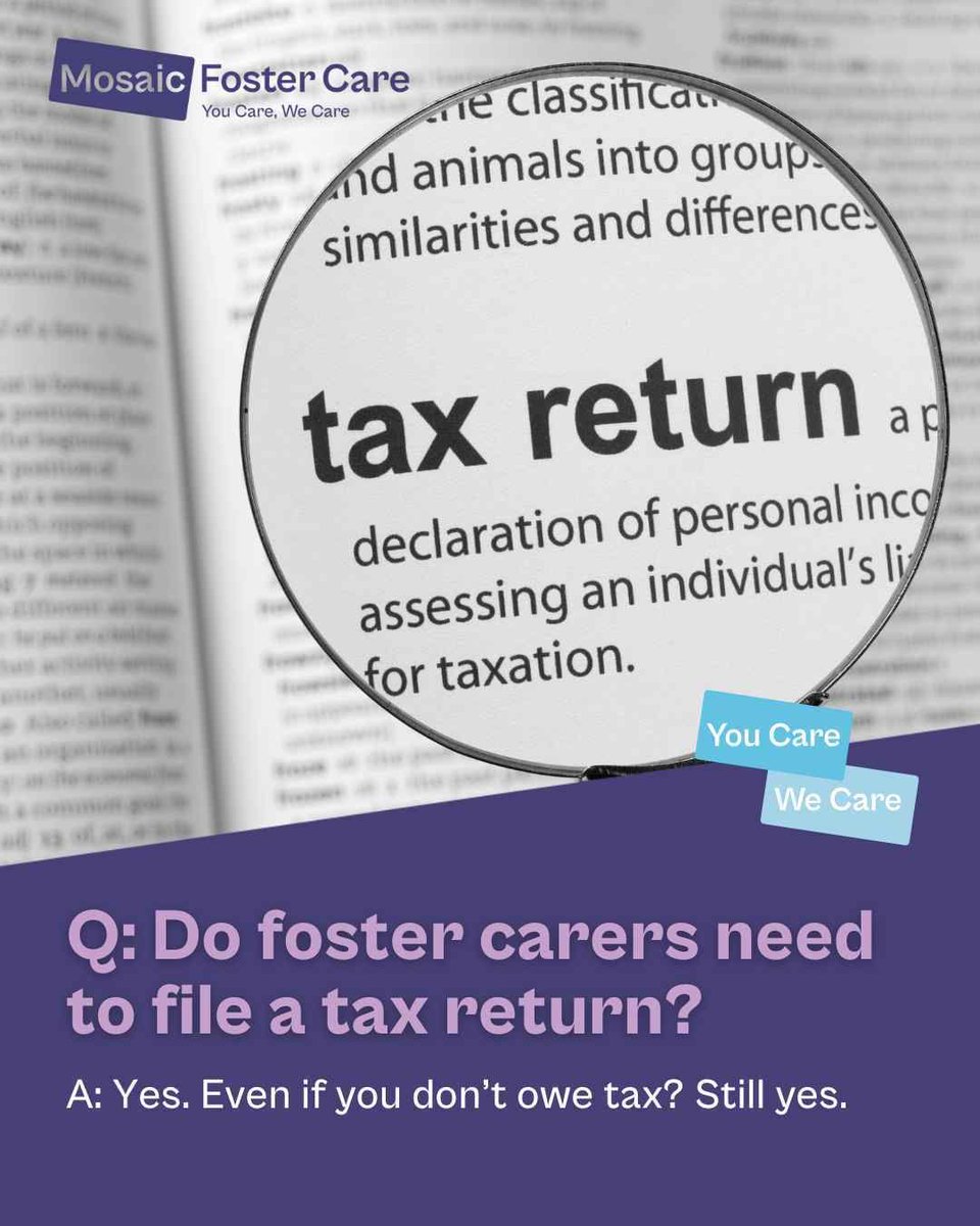 MosaicFoster's tweet image. Do foster carers need to file a tax return? ✅ Yes. Even if you don’t owe tax. Thanks to Qualifying Care Relief, most foster parents pay no tax at all. 

Full guide 👉 mosaicfostercare.com/foster-carer-t…

#FosterCare #TaxHelp
