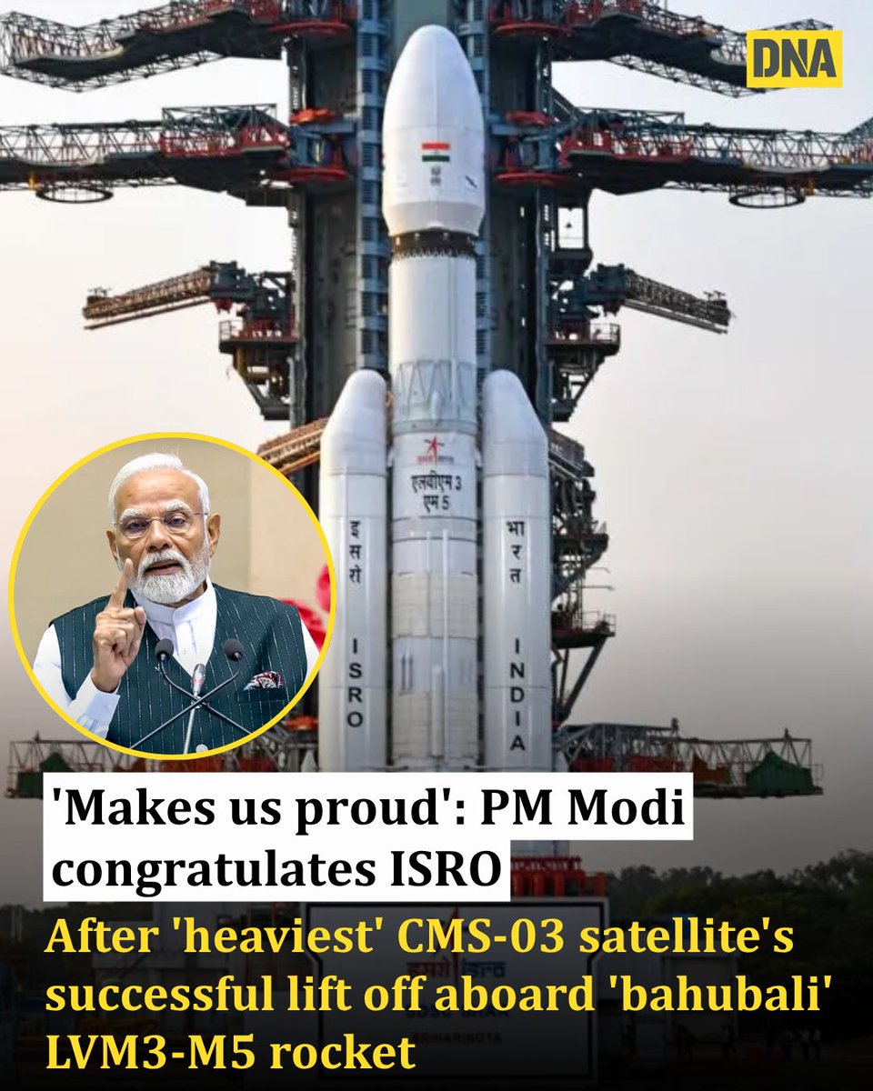 dna's tweet photo. PM Modi congratulates ISRO for successful launch of Indian navy's CMS-03, India's heaviest communication satellite aboard 'bahubali' LVM3-M5 rocket.
Read here: https://t.co/QUvRyiKJQv
#DNAUpdates | #ISRO | #PMModi | #isromissions https://t.co/jlXtmdIchA