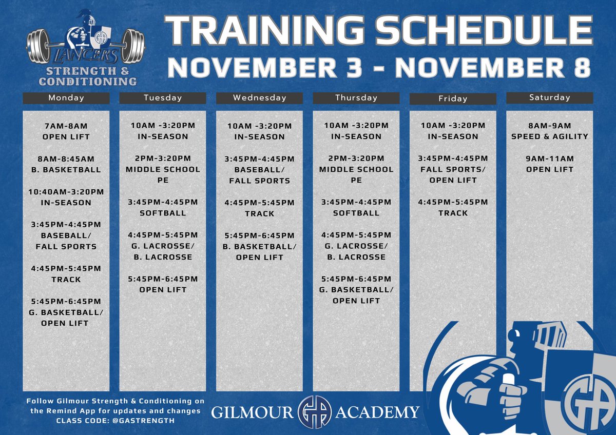 Weekly Training Schedule Nov. 3 - Nov. 8

Winter Schedule has arrived!

Spring sport athletes should attend all team training sessions when possible. Show up on time and ready to work.

#LancerStrong ⚔️