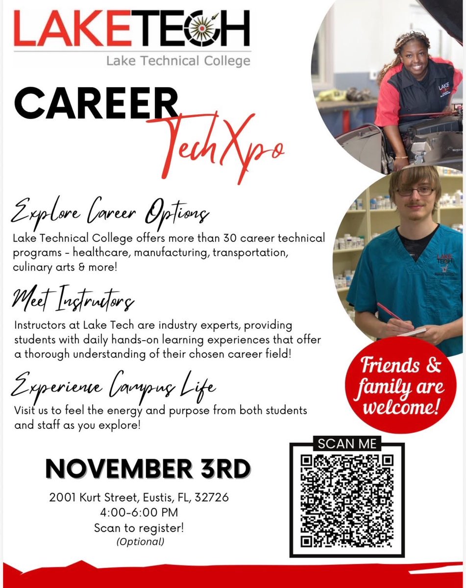 TOMORROW! 🚨
Career TechXpo at Lake Tech is happening Nov. 3 from 4–6 PM — and it’s FREE! 

Explore hands-on career programs, meet instructors &amp; tour our labs.
SCHOLARSHIP giveaways!

Bring your friends &amp; family — we can’t wait to see you! ❤️

#CareerInAYear #FLTechnicalColleges