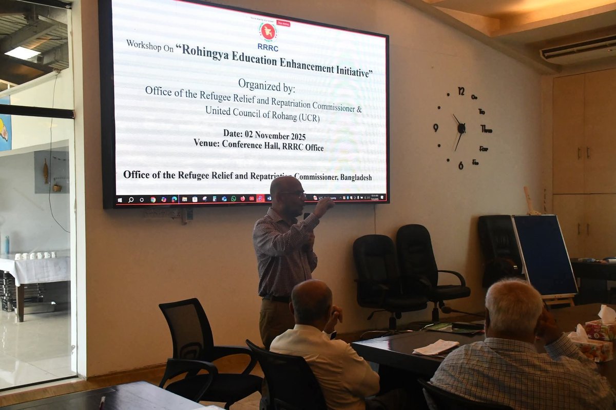 VORohingya's tweet photo. A workshop on the Rohingya Education Enhancement Initiative was held on 2 November 2025 at the RRRC Office in Cox’s Bazar, jointly organized by the RRRC and  UCR. The event aimed to improve access to quality education and higher learning opportunities for Rohingya youth.
#RRRC https://t.co/CFoPb2M9j7