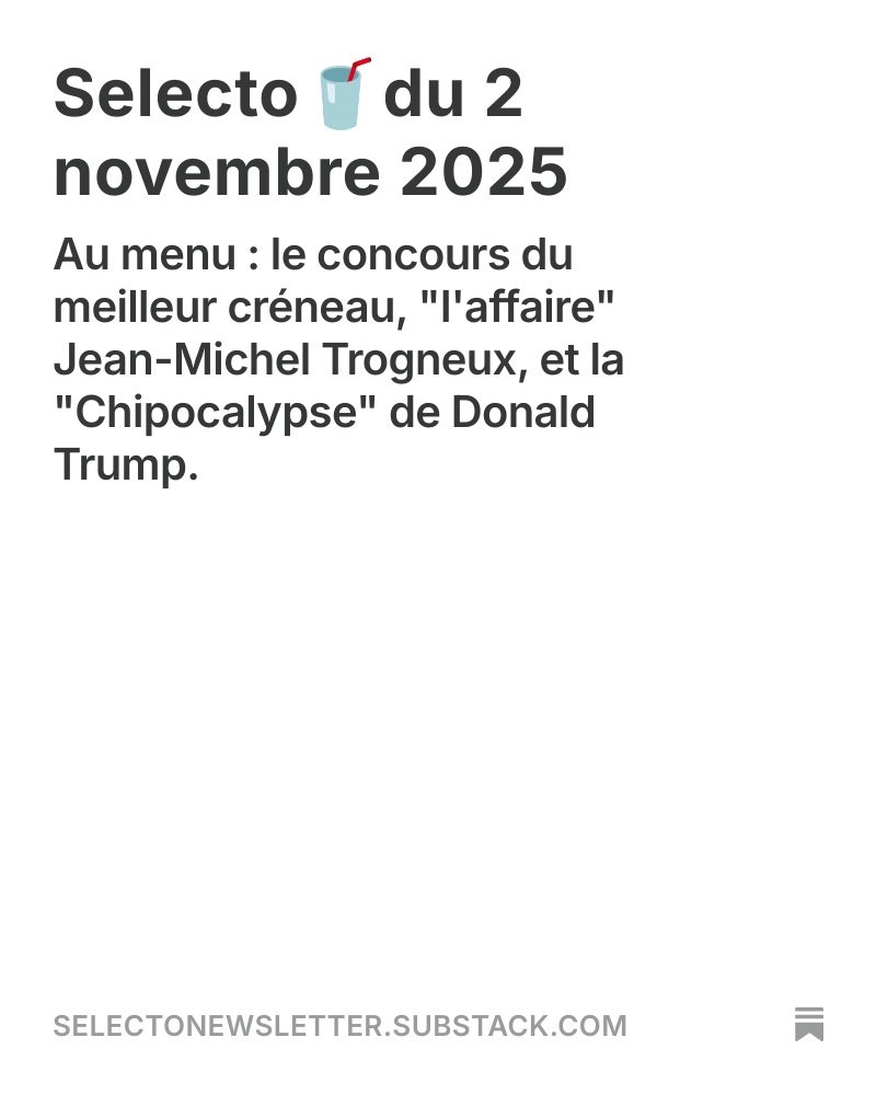 Vous êtes près de 300 à nous lire, un grand merci ! N’hésitez  pas à faire tourner la newsletter A ceux qui voient les journées raccourcir :  Selecto est là pour faire passer l'hiver plus vite ! 😊

<a href="/selecto_news/">Selecto🥤newsletter</a> <a href="/t_guichard/">Thomas Guichard</a> <a href="/martinzubzub/">Martin Zuber</a> <a href="/ismael__bine/">Ismaël Bine</a> 
 open.substack.com/pub/selectonew…