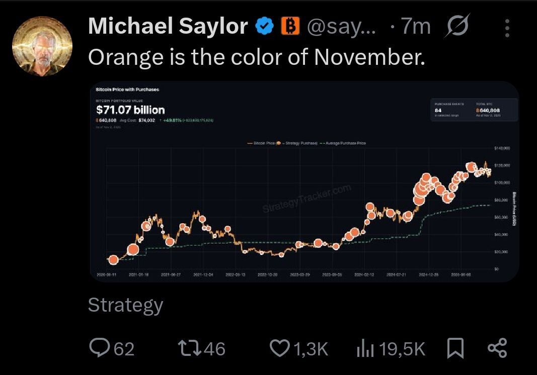 🔥 SAYLOR: "Orange is the color of November."

Saylor hints at taking more $BTC off of the market.