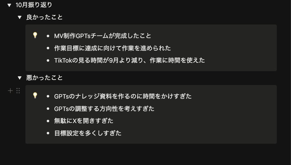 〈10月振り返り・11月の作業目標〉

作業目標達成への
課題を感じながらも
作業に集中できる日が
多かったと感じた

11月はGPts制作・調整は
10月の反省を活かして
時間をかけすぎず、考えすぎず

🌟とにかく動こう🌟

これをモットーに作業していきます💪

11月もゆる〜くほどほどに頑張ります🔥