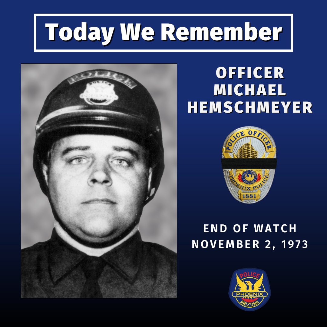 On November 2, 1973, Officer Michael Hemschmeyer was killed in a traffic accident while responding to another officer’s call for assistance.  Watch his memorial video: Youtu.be/VnQwpzP5n_I
We honor and remember his sacrifice.
#PHXPDFallenOfficers