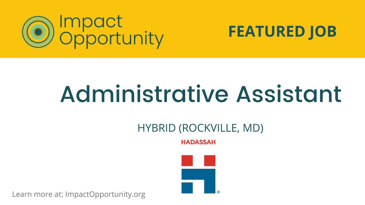 #ImpactOpportunity w/ <a href="/Hadassah/">Hadassah</a> as Administrative Assistant ($41-$45K): loom.ly/xW8YNaU
Hadassah, the Women's Zionist Organization of the US, inspires a passion for &amp; commitment to its partnership w/ the land &amp; people of #Israel. #NonprofitJob #Job