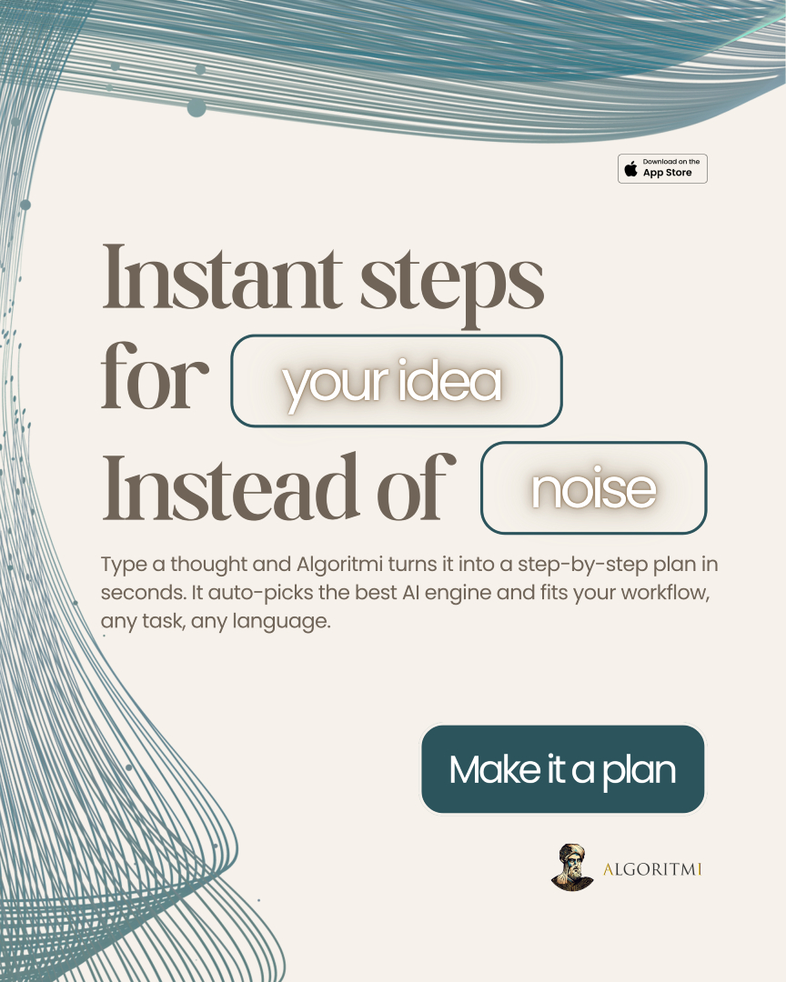 AlgoritmiAi's tweet image. Ship what matters
Algoritmi turns fuzzy ideas into a buildable plan.

⚡ Steps in seconds

🧭 Auto-picks the right model

🛠️ Tasks you can actually do

#Algoritmi #FromThoughtToAction #UAEtech #AIassistant #ProductivityTools #artificialintelligence #ai #digitalmentor #aimentor