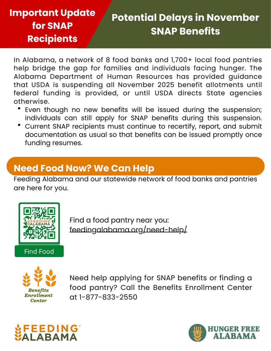 Are you or someone you know being impacted by the suspension of SNAP benefits? Help is available. Use the link below to find a food pantry near you. 
feedingalabama.org/need-help/
