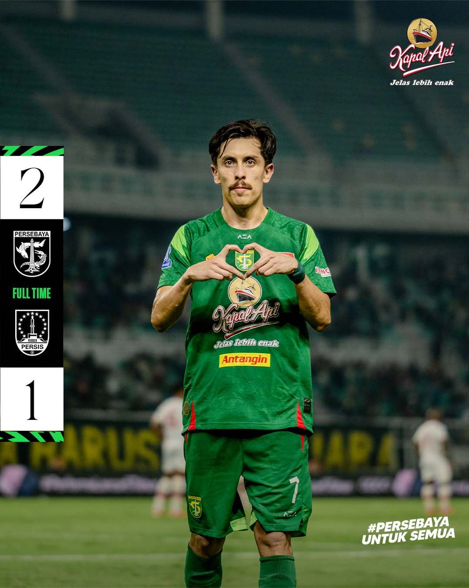 persebayaupdate's tweet photo. FT
Persebaya 2-1 Persis Solo

⚽ Mihalio Perovic (45+1')
⚽ Francisco Rivera (51')

Kodai Tanaka (15')

#Persebaya #PersebayaUntukSemua https://t.co/CR2YYqYNUJ