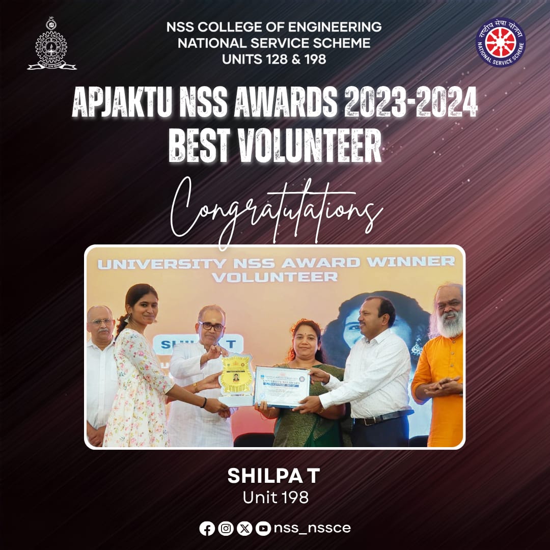 nssnssce's tweet image. NOT ME BUT YOU ✨ 

We are extremely proud to announce that Ms. Shilpa T of NSS Unit 198 has been honoured with the Best Volunteer Award by the APJAKTU NSS Cell for the term 2023-24.

Her dedication brings pride to our NSS family. Congratulations and best wishes.