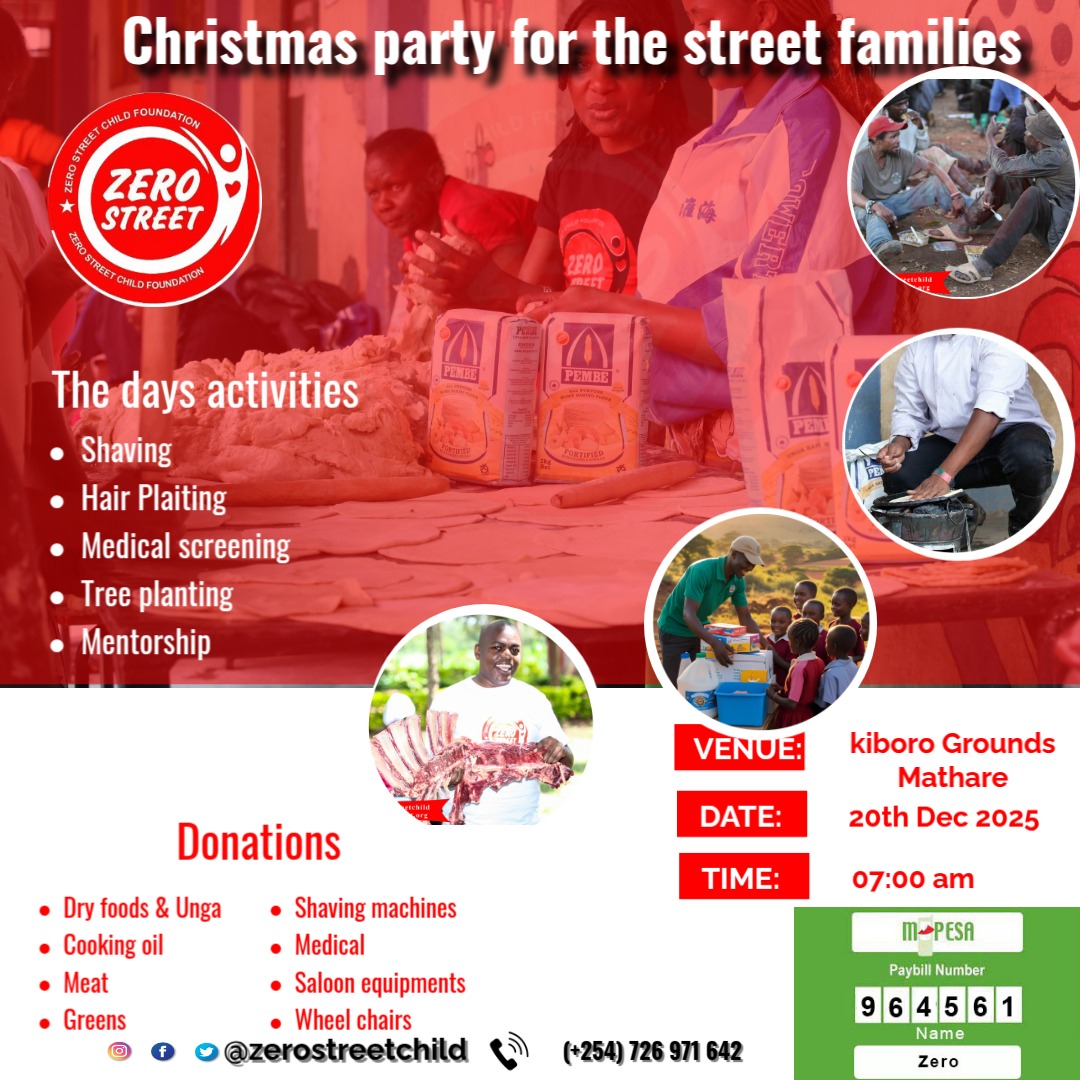 Do you love charity work and giving back to the society join us on Christmas party for the Street family*  
🥳🥳🥳🥳🥳
DATE: 20th December, 2025
VENUE: Kiboro Primary School,Juja Rd
TIME: From 7.00 am.

Thank you.
Have a blessed day.
🙏🏽🙏🏽 remember to friend tell a friend
