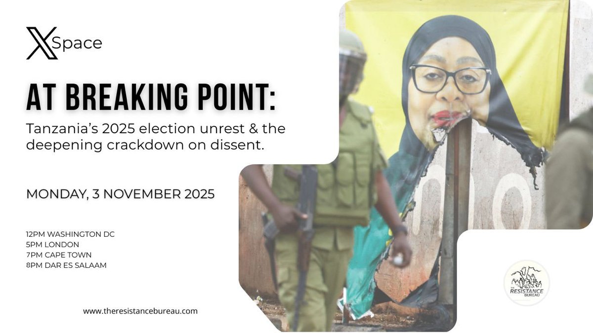 🚨TWITTER SPACE🚨

Election theft and unchecked violence in #Tanzania—hundreds are reported dead. Join our Twitter Space to unpack the crisis and discuss growing repression across East Africa. Your voice matters. Set a reminder and RT to raise awareness: x.com/i/spaces/1RDGl…