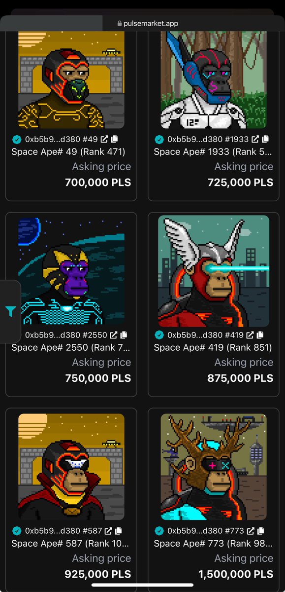 THE PULSE SPACE APES NFT👑

The first ever NFT to sell out on the layer 1 Pulsechain ✅

Contract renounced, dev is out, community owned 🤝

The most decentralized piece of history on the Pulsechain network 

Right now the 6 cheapest APES go for 700,000 - 1,500,000 PLS ($21-45)