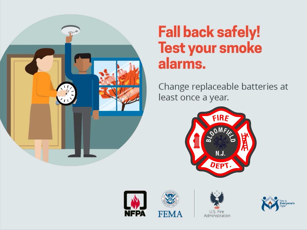 Bloomfieldnjfd's tweet photo. As we turn our clocks back this weekend, it’s also a great time to check your smoke and carbon monoxide detectors. Take a moment to test each alarm and replace the batteries if needed. Working detectors are one of the simplest and most effective ways to keep your family safe. https://t.co/mqQ3w4bA7e