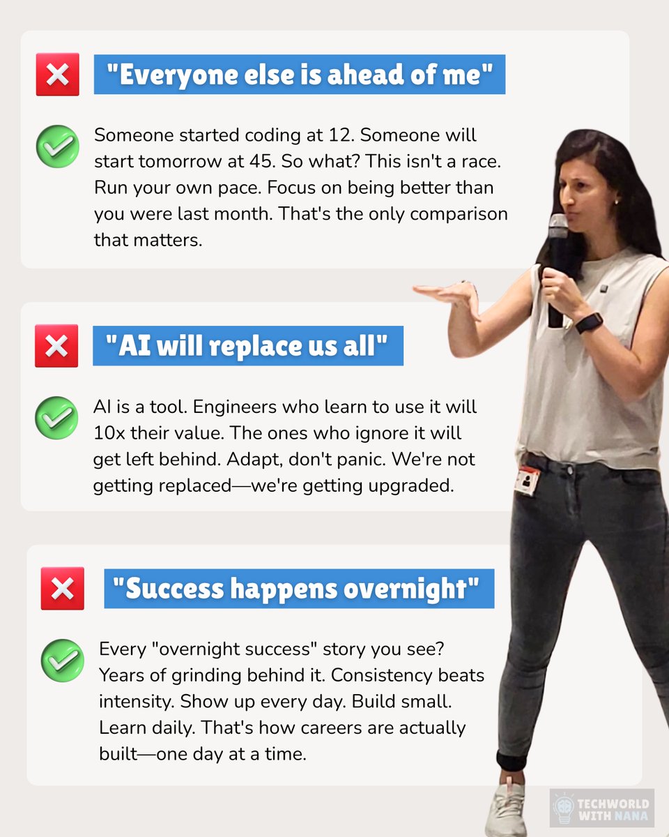 Njuchi_'s tweet photo. In the last 4 years, I've helped thousands of engineers upskill their careers, here's 9 beliefs you need to drop if you want to succeed in tech:

1) "𝗜'𝗺 𝘁𝗼𝗼 𝗼𝗹𝗱 𝘁𝗼 𝘀𝘁𝗮𝗿𝘁" - I've seen people in their 40s and 50s land DevOps roles. Your experience from other fields is actually an advantage.

2) "𝗜 𝗻𝗲𝗲𝗱 𝗮 𝗖𝗦 𝗱𝗲𝗴𝗿𝗲𝗲"- Most of my successful students don't have one. Companies care about what you can build, not where you studied.

3) "𝗜'𝗺 𝗻𝗼𝘁 𝘀𝗺𝗮𝗿𝘁 𝗲𝗻𝗼𝘂𝗴𝗵 𝗳𝗼𝗿 𝘁𝗵𝗶𝘀"- Tech isn't about being a genius. It's about being curious and not giving up when things get hard.

4) "𝗜 𝗻𝗲𝗲𝗱 𝘁𝗼 𝗸𝗻𝗼𝘄 𝗲𝘃𝗲𝗿𝘆𝘁𝗵𝗶𝗻𝗴 𝗯𝗲𝗳𝗼𝗿𝗲 𝗜 𝘀𝘁𝗮𝗿𝘁 𝗮𝗽𝗽𝗹𝘆𝗶𝗻𝗴" - You'll never feel "ready enough." Start building, start applying. You learn the most on the job.

5) "𝗜𝗺𝗽𝗼𝘀𝘁𝗲𝗿 𝘀𝘆𝗻𝗱𝗿𝗼𝗺𝗲 𝗺𝗲𝗮𝗻𝘀 𝗜'𝗺 𝗮 𝗳𝗿𝗮𝘂𝗱" - Literally everyone feels this. Even senior engineers. It means you're growing, not that you don't belong.

6) "𝗔𝘀𝗸𝗶𝗻𝗴 𝗳𝗼𝗿 𝗵𝗲𝗹𝗽 𝗺𝗮𝗸𝗲𝘀 𝗺𝗲 𝗹𝗼𝗼𝗸 𝘄𝗲𝗮𝗸" - The biggest wins come from community. Ask questions. Share your progress. Help others. That's how you accelerate.

7) "𝗘𝘃𝗲𝗿𝘆𝗼𝗻𝗲 𝗲𝗹𝘀𝗲 𝗶𝘀 𝗮𝗵𝗲𝗮𝗱 𝗼𝗳 𝗺𝗲" - Stop comparing. Someone started 2 years before you. Someone will start 2 years after you. Focus on your own path.

8) "𝗔𝗜 𝘄𝗶𝗹𝗹 𝗿𝗲𝗽𝗹𝗮𝗰𝗲 𝘂𝘀 𝗮𝗹𝗹" - AI is a tool, not a replacement. Engineers who know how to use it will be more valuable than ever.

9) "𝗦𝘂𝗰𝗰𝗲𝘀𝘀 𝗵𝗮𝗽𝗽𝗲𝗻𝘀 𝗼𝘃𝗲𝗿𝗻𝗶𝗴𝗵𝘁" - Every "overnight success" you see took years of consistent work. Show up daily. Small progress compounds.

Your background doesn't determine your future in tech. Your commitment does.

What belief did you have to drop? 👇