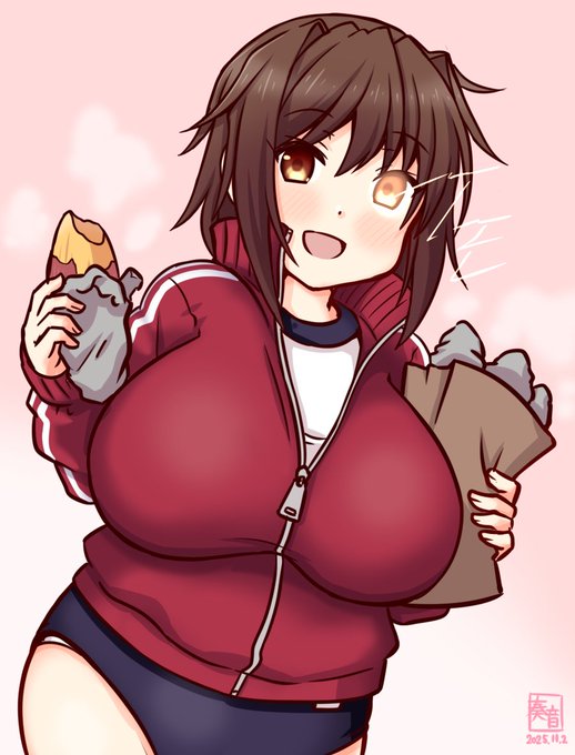 「はい、お芋です!ちょっと小腹がすいたので…
 え?美味しいので大丈夫ですよ!」

#艦これ版真剣お絵描き60分一本勝負_20251102
#古鷹 