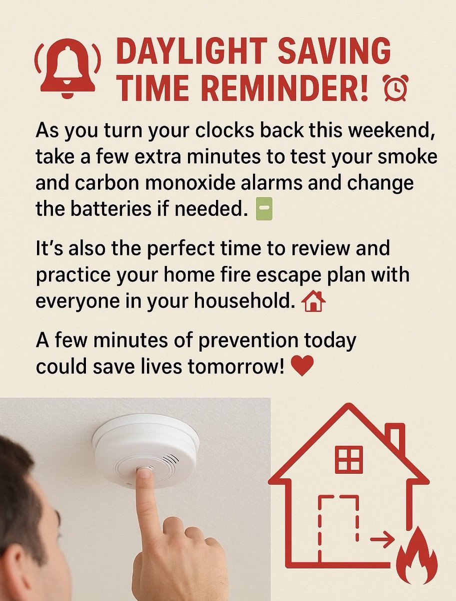 When you change those last few clocks this morning take a moment to test your smoke and carbon monoxide alarms. Replace batteries if needed!