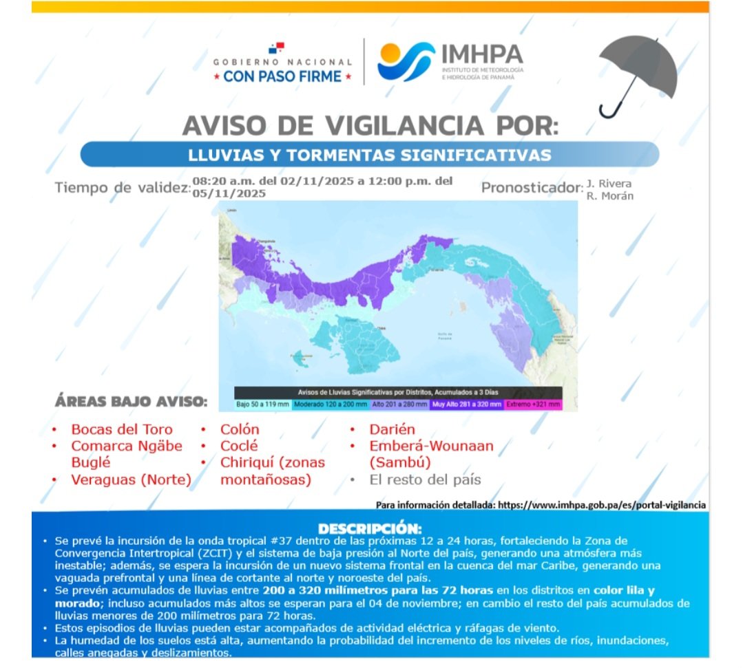 📣 Aviso de Vigilancia por Lluvias y Tormentas Significativas ⛈️ 

Válido hasta las 12:00 p.m del 5 de noviembre de 2025 

Pronóstico por los meteorólogos del IMHPA Julissa Rivera y Rafael Morán.

Para más información visita imhpa.gob.pa
