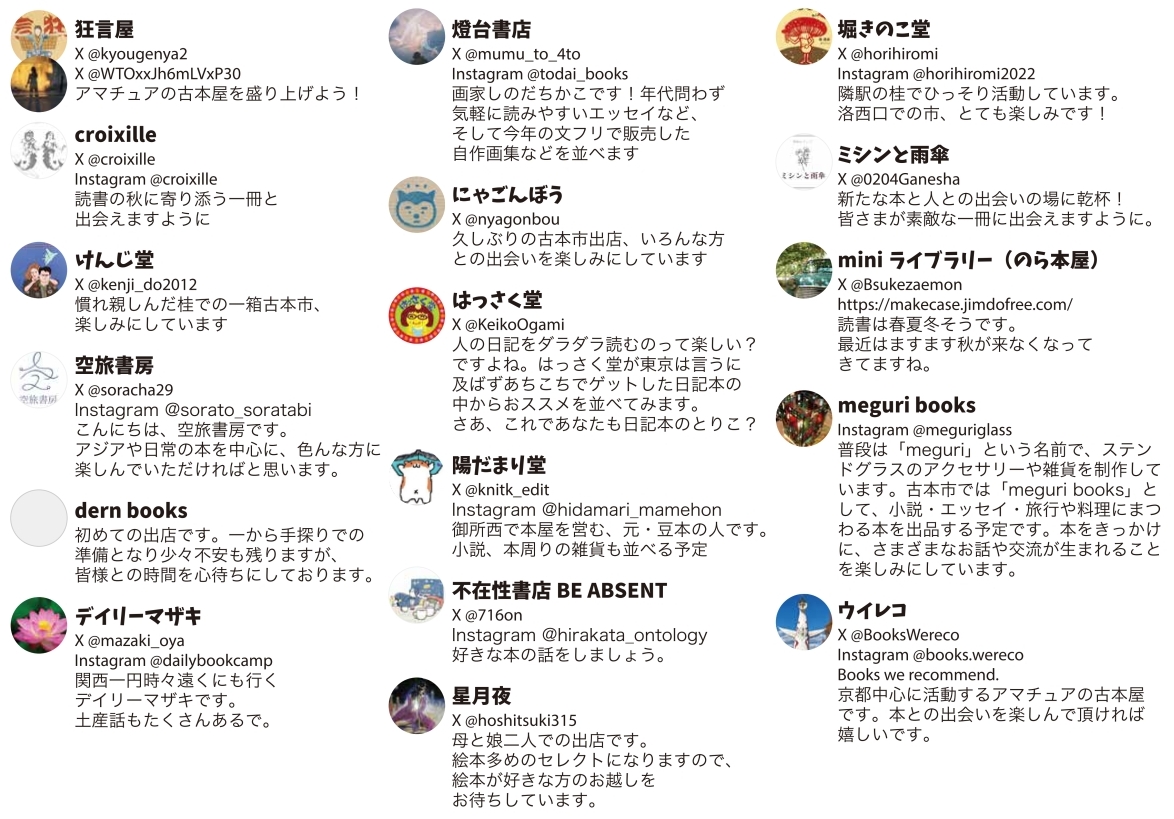 つぎの土曜日、11/8は #洛西口トート古本市です。
17の古本屋さんが出店します。
阪急京都線の洛西口駅改札から1分の、トート洛西口エントランス。高架下のオープンスペースです。
天気予報は「曇時々晴」最高気温22℃と、絶好の古本日和です。是非お立ち寄りください！