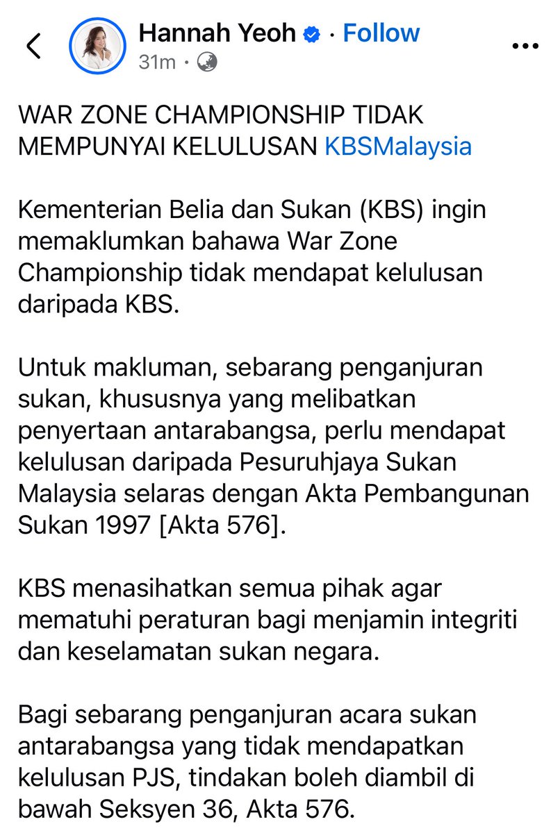 SyedAkramin's tweet photo. Menteri KBS @hannahyeoh telah keluarkan kenyataan. War Zone Championship adalah acara sukan haram dan boleh dikenakan tindakan.

Sekarang kita mahu lihat adakah tindakan benar-benar diambil terhadap penganjur ini. https://t.co/z2NTeCfAVd