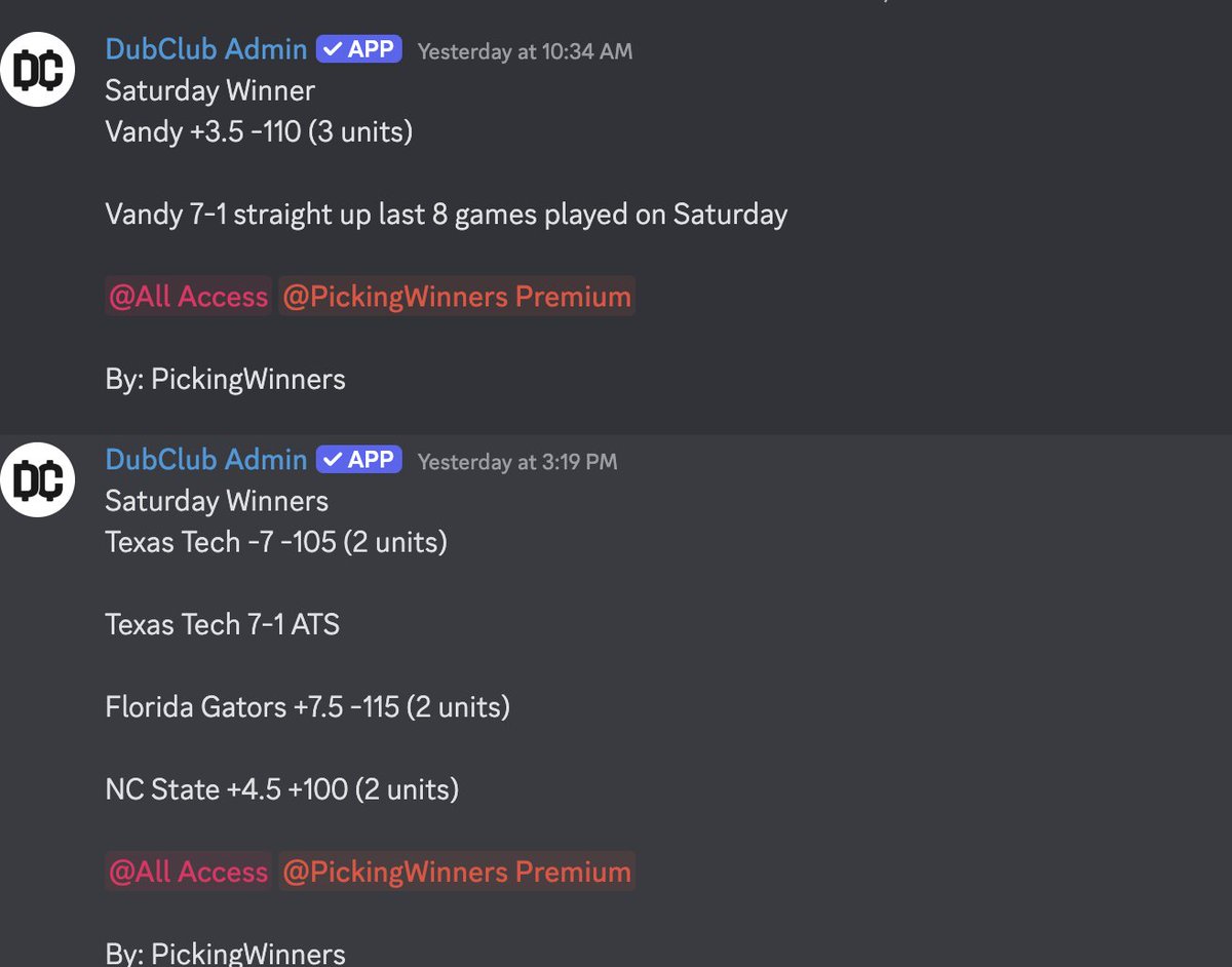🧹🧹🧹🧹🧹🧹🧹🧹🧹🧹🧹🧹🧹🧹🧹

✅Vandy +3.5 -110 (3 units)
✅Texas Tech -7 -105 (2 units)
✅Florida Gators +7.5 -115 (2 units)
✅NC State +4.5 +100 (2 units)

4-0, +9.00 UNITS TO START NOVEMBER 

dubclub.win/PickingWinners/